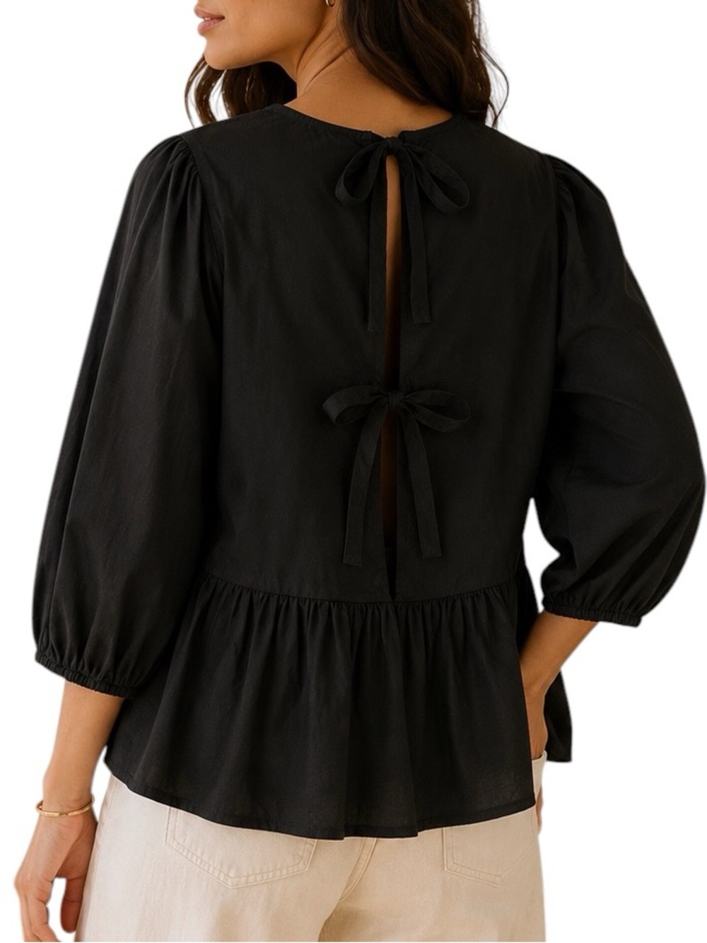 Divided by H&M Black Peplum Blouse XXS Puff Sleeve Keyhole Back Tie Cotton Top